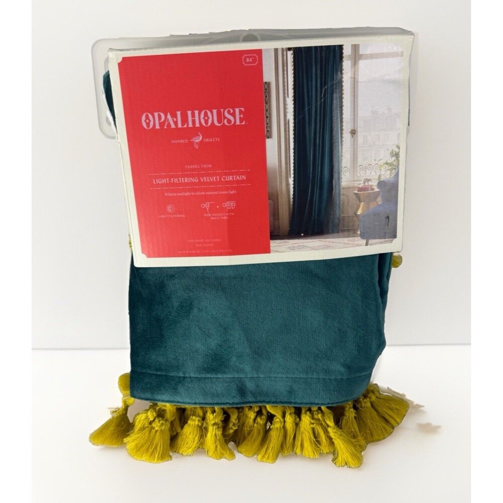 Opalhouse Teal Velvet Curtain Panel Yellow Citron Tassel Trim Target 84x54